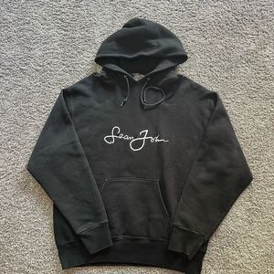VTG Y2K Sean John Embroidered Script Logo Hoodie Sweatshirt Black Size Large
